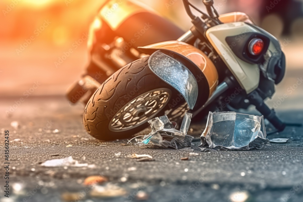 A scooter lays on the ground after being hit by a car in the middle of a city street. Road accident concept. Generative AI A scooter lays on the ground after being hit by a car in the middle of a city street. Road accident concept. Generative AI