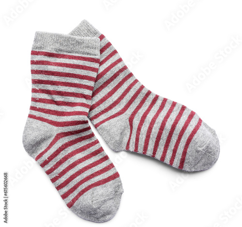 Pair of cotton striped socks on white background