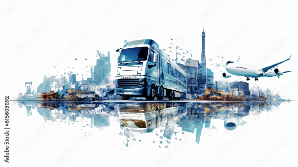 Fototapeta premium truck filled with the double exposure with landscapes and cities