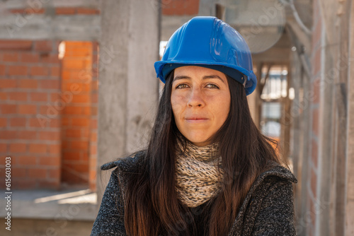 Portrait of an engineer on a construction site looking at the camera. Female construction site manager in blue hard hat.