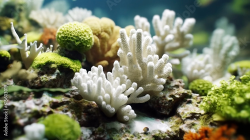 A coral reef that has undergone bleaching and loss of vitality. Impact of ocean water pH change due to Oceanic acidosis. climate change. Negative impact on the marine ecosystem photo