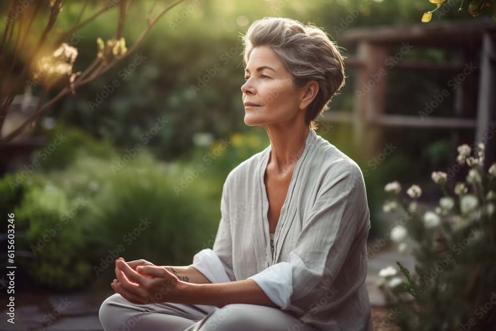 Mindfulness concept woman achieving wellness through yoga and meditation in beautiful surroundings generative AI illustration Mindfulness concept woman achieving wellness through yoga and meditation in beautiful surroundings generative AI illustration