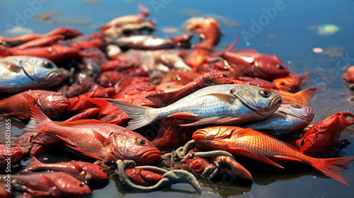 Dead catches in nets by the sea. Negative impact of Ocean acidosis on fish populations and commercial activities. The concept of environmental damage and climate change. close up