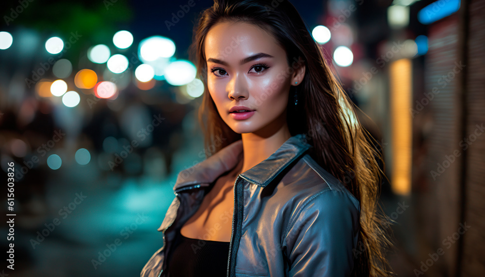 portrait of an asian woman in the city, portrait of a young woman with asian features illuminated by the lights of the city at night, image created with ai