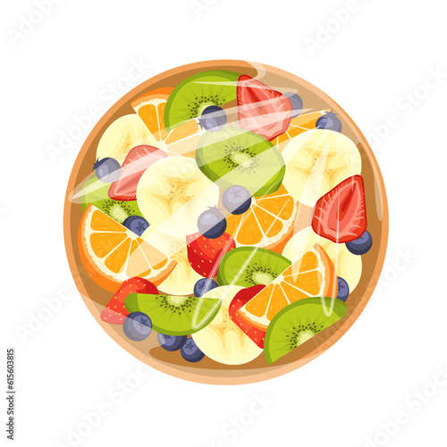 Fruit salad in a plastic container or tray with cellophane cover. Healthy food mockup. Cardboard cup with lid. Top view. Vector illustration.
