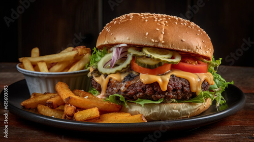 A juicy burger with a flavorful veggie patty, accompanied by melted cheese and crispy vegetables