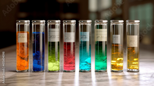 Sample tubes of water at various pH levels On the table in the laboratory, showing color and clarity changes with acidity. Oceanic acidosis and climate change © Garnar