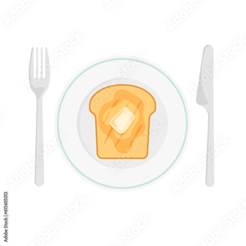 Toast with piece of butter on white plate. Tasty breakfast. Fork and knife. Vector cutlery in trendy flat style isolated on white background.