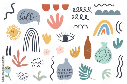 Minimalistic boho abstract naive art shapes collection. Doodle set, cute Summer season elements. Modern hand drawn vector illustrations.