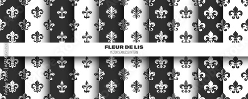 Vector Seamless Pattern with Vintage 3d Realistic White and Black Fleur De Lis. Heraldic Lily Texture, Retro Pattern for Wallpaper, Textile. Vector Illustration