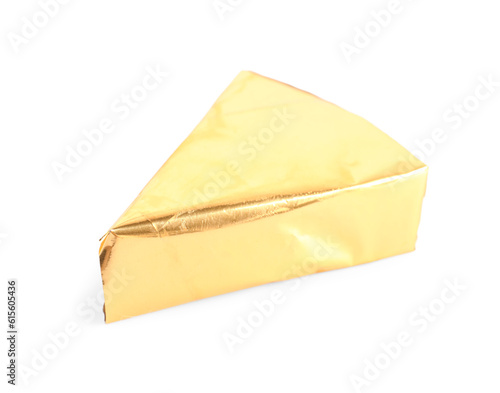 Triangle of tasty processed cheese on white background