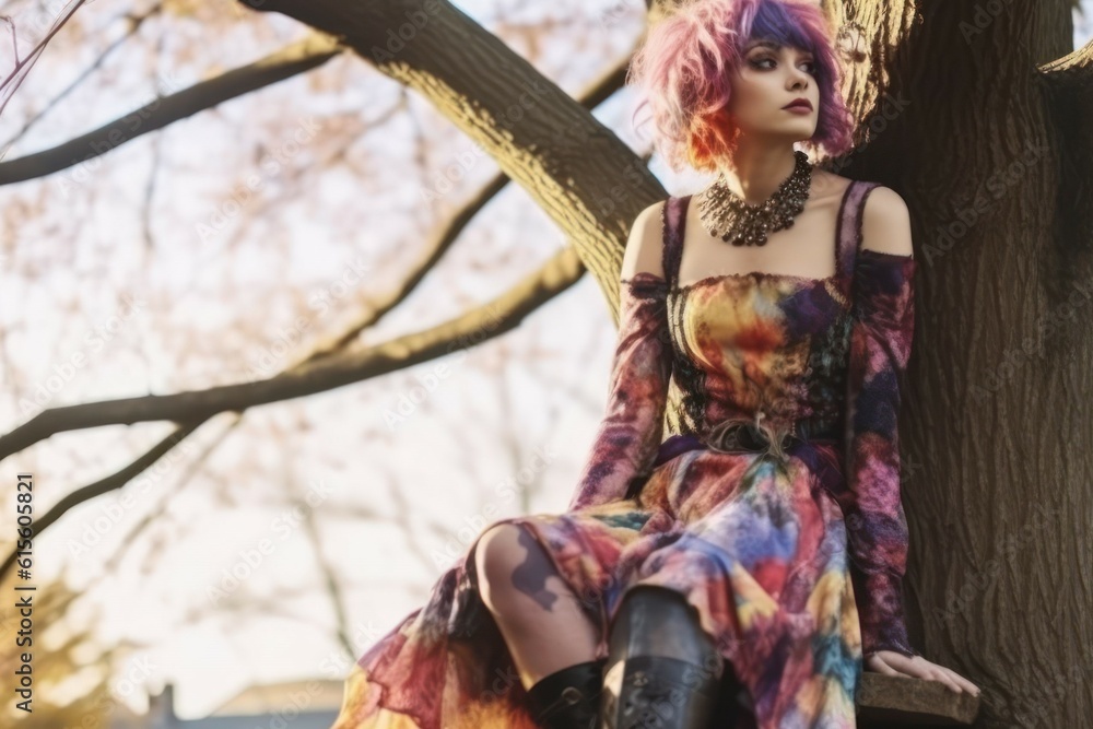 Fototapeta premium Cute dyed hair young girl wearing colorful dress and laying on a tree in a park. Generative AI illustration.