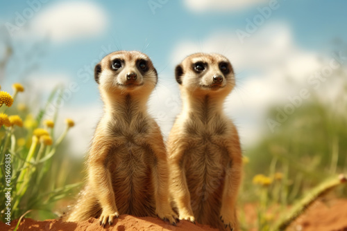 Close-up portrait of meerkats standing and watching around for hunters. Meerkats are living in Africa. Generative AI.