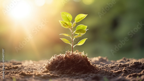 Small tree growing with sunshine in garden. eco concept
