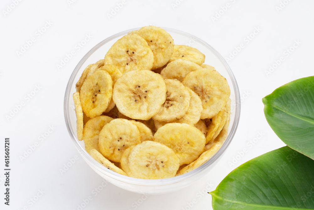 Banana slice chips on white background. Banana slice chips on white background.