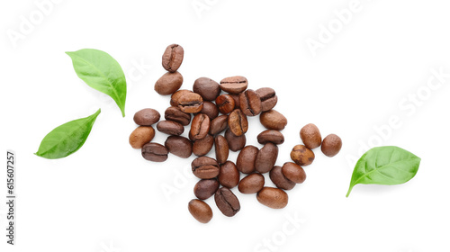 Natural coffee beans and leaves on white background