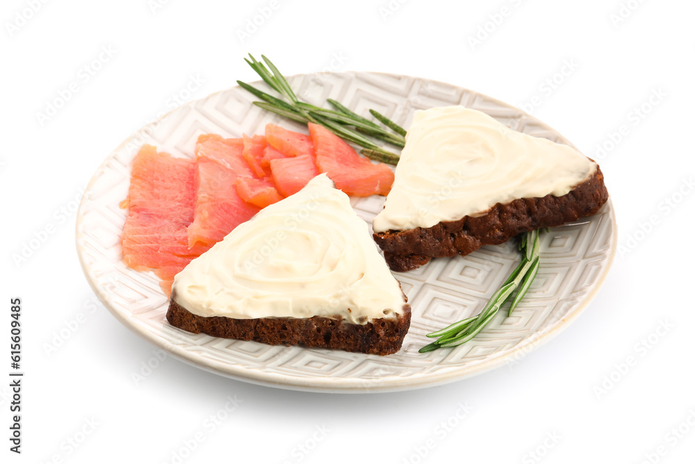 Plate of tasty sandwiches with cream cheese and fish on white background