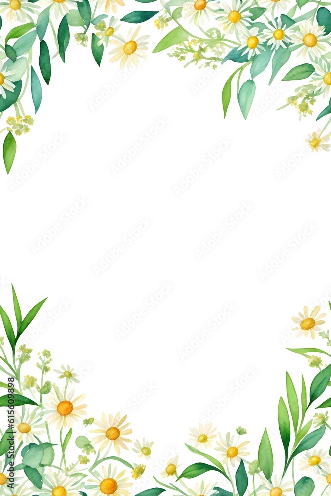 Frame with chamomile wildflowers. Watercolor template for your invitations; advertisements and posts. Cards, business cards, wedding invitations, banners, menus, covers. Watercolor. Generative AI.