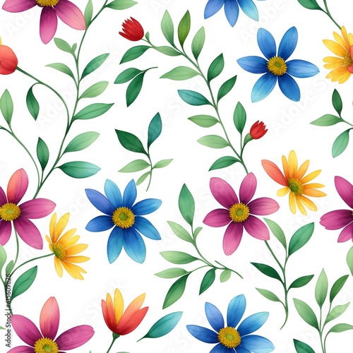 Floral seamless pattern with daisies and green leaves and herbs. Great for textile print, background, handmade card design, invitations, wallpaper, packaging, interior. Generative AI.