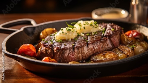 Closeup shot of a wagyu steak serverd with vegetables in a pan