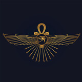 Holy Egyptian eye of horus with wings and Ra God of Sun with ankh 