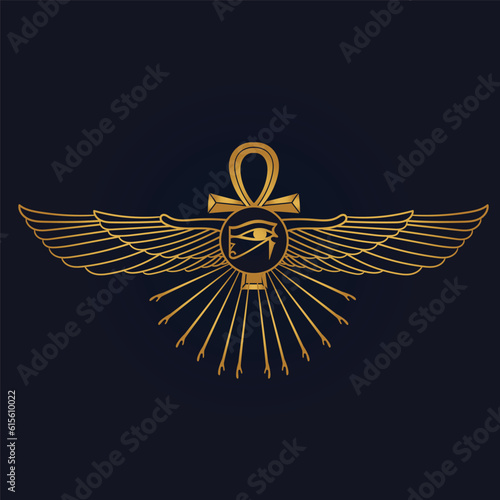 Holy Egyptian eye of horus with wings and Ra God of Sun with ankh 