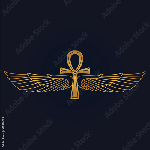 Holy Egyptian eye of horus with wings and Ra God of Sun with ankh 