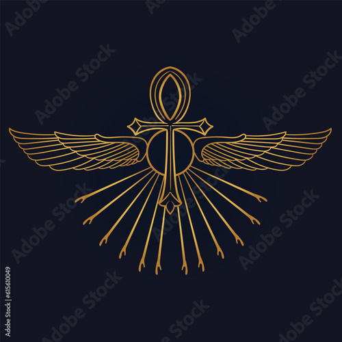 Holy Egyptian eye of horus with wings and Ra God of Sun with ankh 