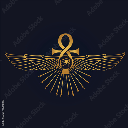 Holy Egyptian eye of horus with wings and Ra God of Sun with ankh 