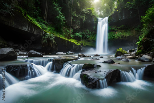 Beautiful waterfall with majestic green grass view  created with AI