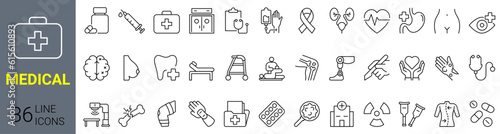 Set of 36 Physiotherapy, rehabilitation icons. Prosthetics Vector Illustration. medicine and health flat design signs and symbols with elements for mobile concepts and web apps.