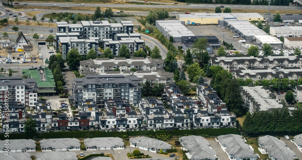 Aerial view of the residential town area of beautiful suburb of dwelling homes with trees in north America.