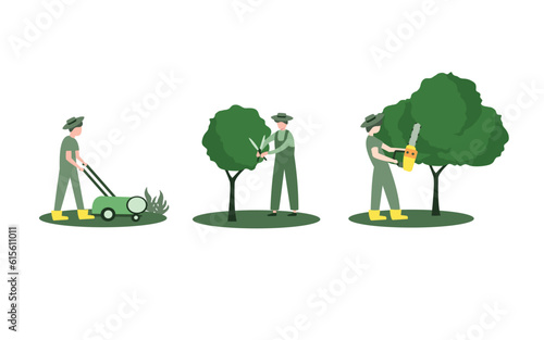 flat design Professional gardener using garden machinery, equipment and tools: mowing, cutting, trimming grass and shrubbery, pruning trees and hedges. Man working in garden poses set. vector
