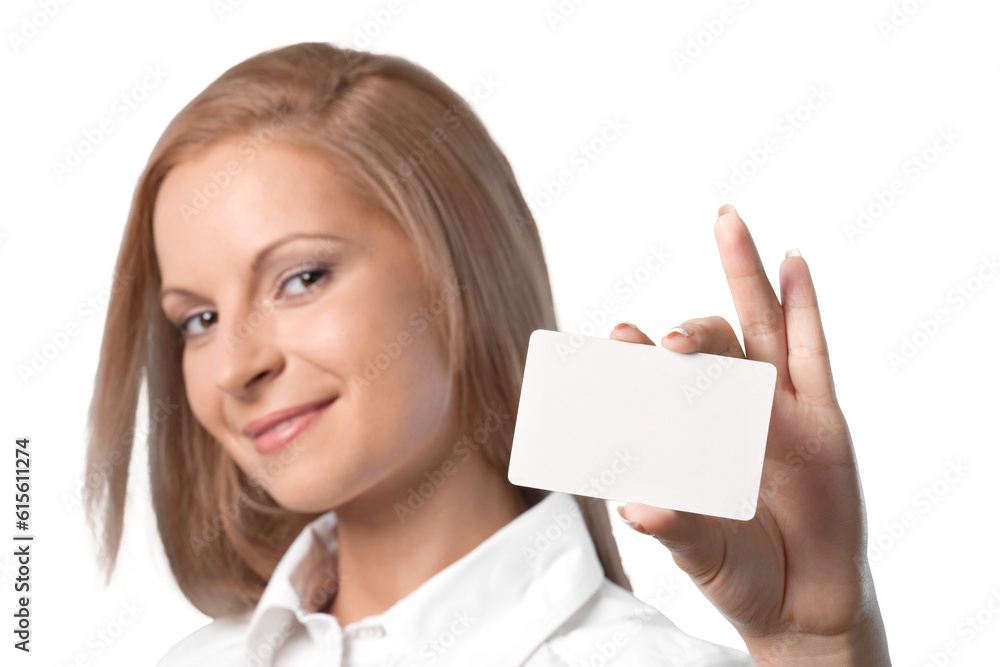 Beautiful business woman holds white card Beautiful business woman holds white card