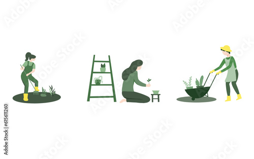 Woman planting gardens flowers, People gardening, agriculture gardener hobby and garden job. Gardening person, gardener flowers cutter working. Vector illustration