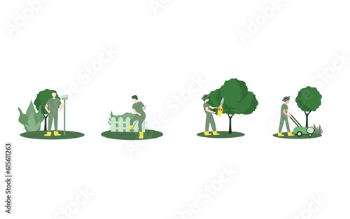 flat vector illustrations Gardener working set. Male handyman character mowing grass, trimming trees and bushes isolated pack. Backyard landscaping, plants cultivating and nursery, garden maintenance.