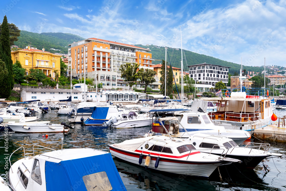 Obraz premium Harbor with boats and buildings in Opatija, Kvarner region, Croatia