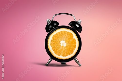 Collage image of fresh citrus inside alarm clock