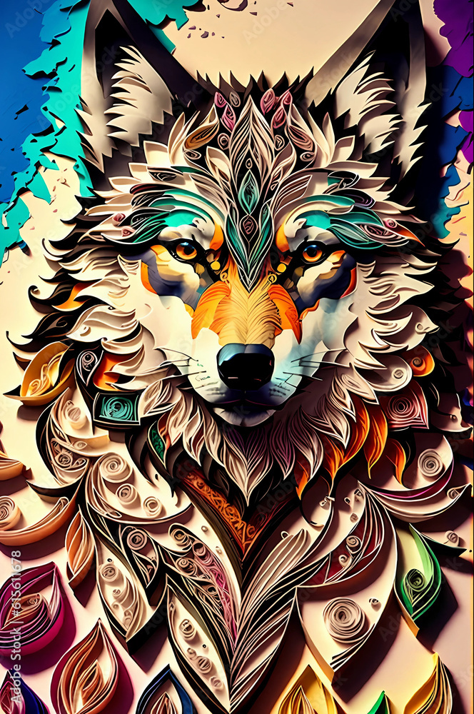 wolf,multi dimensional paper quilling, art, beautiful, colorful, masterpieces