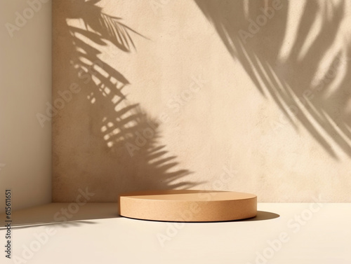 beige natural podium pedestal product display background with texture and shadow, luxury, elegant, modern, minimal created with Generative AI