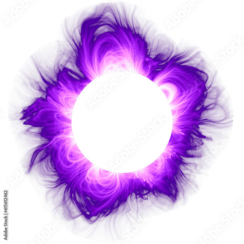 Purple neon glowing glare circle with rays. Magical fire light effect on transparent background. Plasma portal.