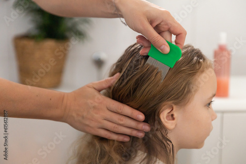A woman helps to get rid of lice and parasites on the head of a little girl, combs her head with a special comb. Treatment of lice and nits photo