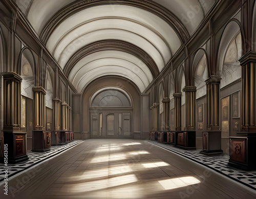 interior of a large long room in a grand old building with classical columns and arches with doorway