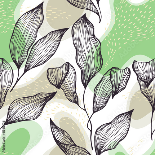 Sketch style doodle line texture leaves over stains and dots seamless vector ...