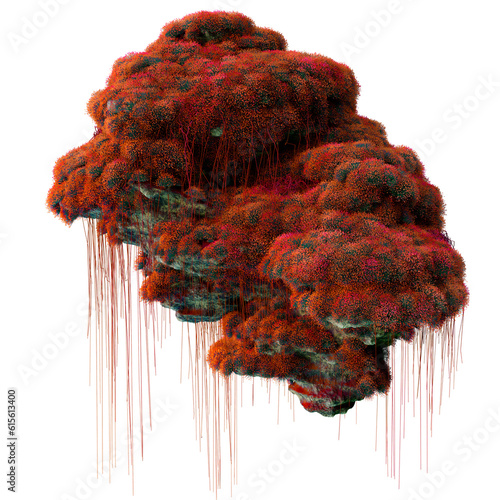 Red jungle rocky flying island. Alien avatar style floating mountain.