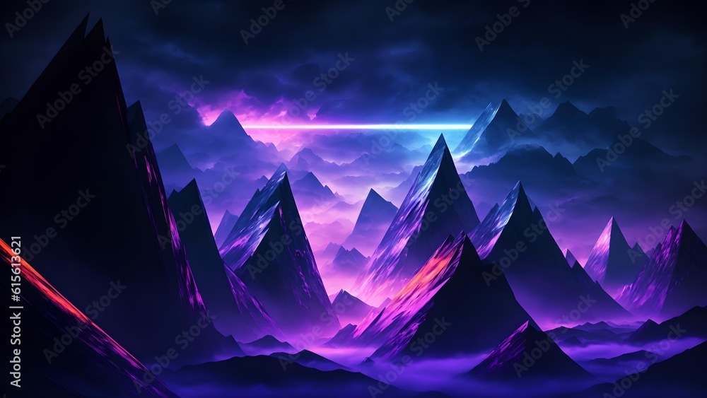 Photo of a neon-lit mountain landscape with a radiant beam of light piercing the sky
