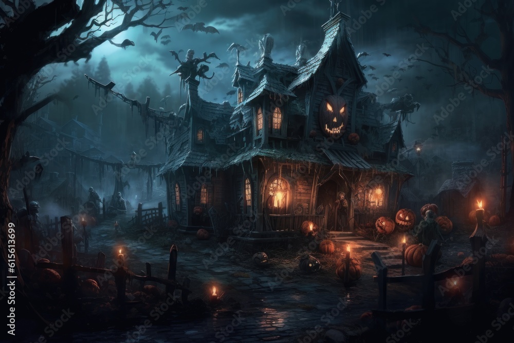 Ruined terrible Halloween Horror house in eerie gray foggy forest, ghosts and zombies roam around it. Generated AI. Ruined terrible Halloween Horror house in eerie gray foggy forest, ghosts and zombies roam around it. Generated AI.
