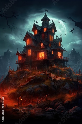 Halloween House of Horrors on hill among cliffs in dark night. Vertical format. Generated AI.