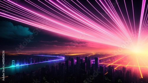 Photo of a vibrant city skyline illuminated by neon lights