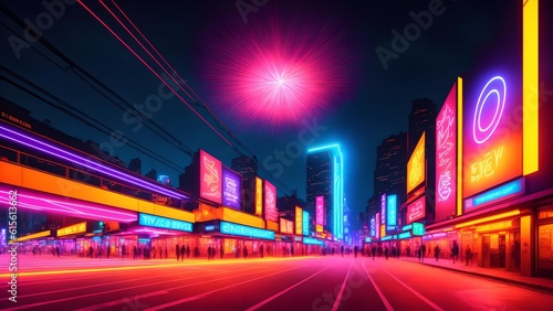 Photo of a vibrant city street illuminated by colorful neon lights at night